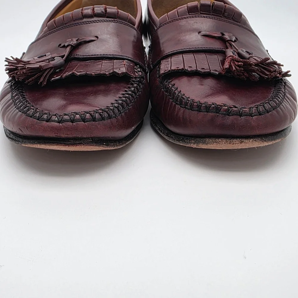 VTG Johnston Murphy Loafers Men 9.5 Leather Burgundy Oxblood Kiltie Tassel Italy